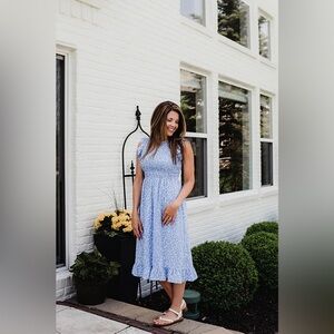 Staccato Smocked Blue Floral Bodice Midi Dress